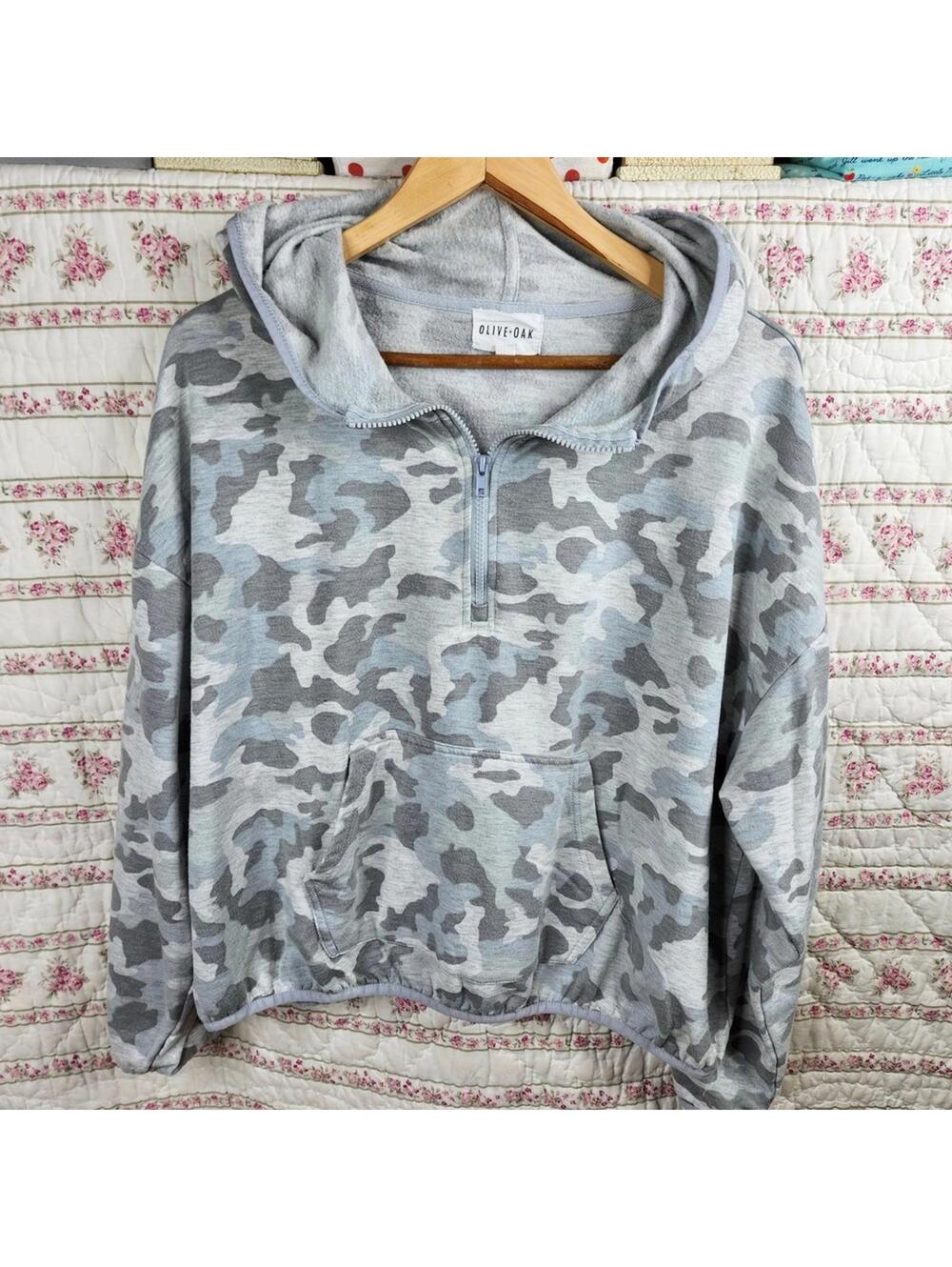 Olive + Oak Camo Pullover Hoodie Sweatshirt Half Zip Pockets XXL